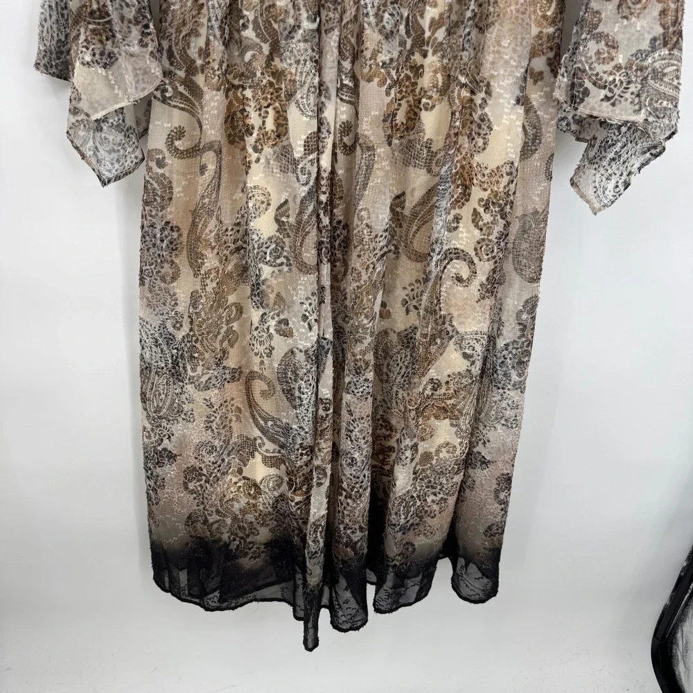 Reba Midi Dress Womens Large Paisley Print Chiffon Brown Black Bell Sleeve Boho